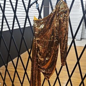 Fashion Nova Gold Sequin One-Shoulder Dress